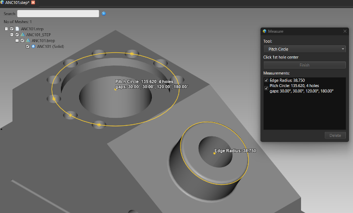 An edge radius and a pitch circle measured on a CAD part